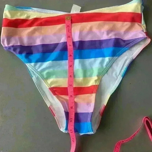 Multicolor Rainbow Striped Front Knot Two Piece High Waist Bikini Set Size S - Picture 12 of 13